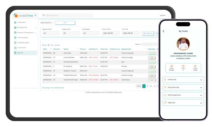 A screen of attendance reports and employee profile 