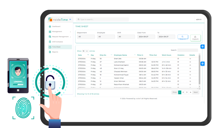 Attendance machine and timesheet interface of the software 